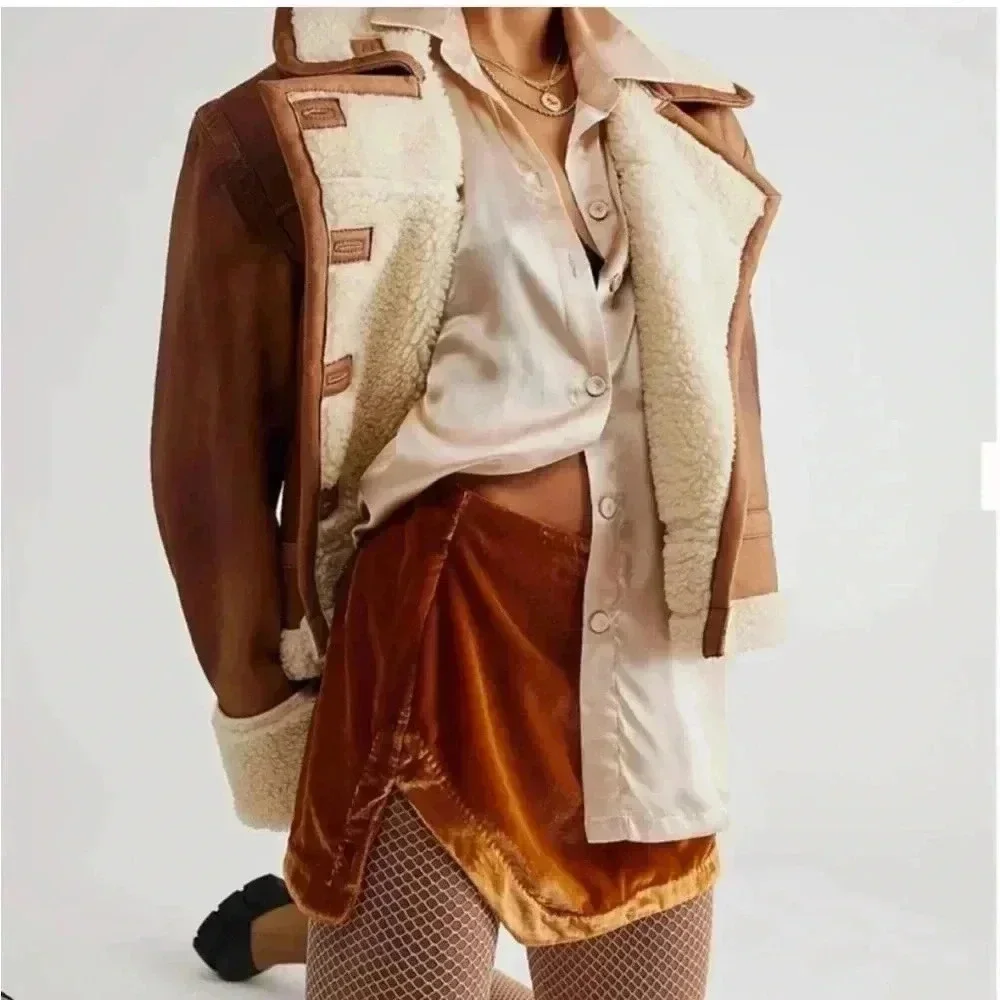 NEW Free People Annalise Velvet Mini Skirt Gold Burnt Orange Sz 2